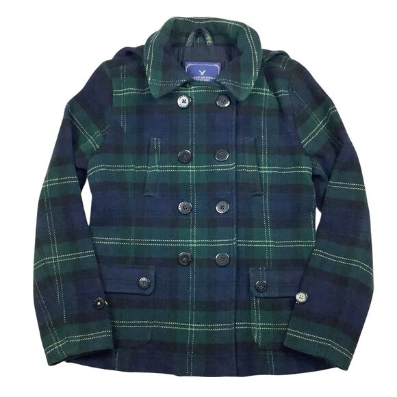 American Eagle Wool Blend Plaid Hooded Pea Coat Jacket Women M L Green Blue Y2K - Picture 2 of 12